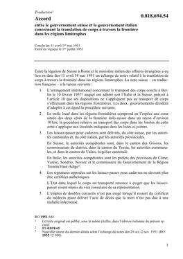 Accord Des 11 Avril/14 Mai 1951 Entre Le Gouvernement Suisse Et Le