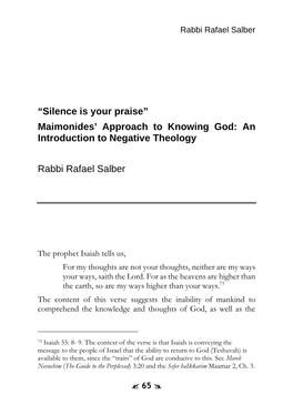 “Silence Is Your Praise” Maimonides' Approach To