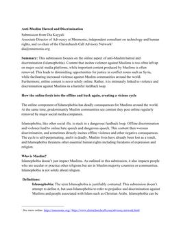 Anti-Muslim Hatred and Discrimination Submission from Dia Kayyali Associate Director of Advocacy at Mnemonic, Independent Consul