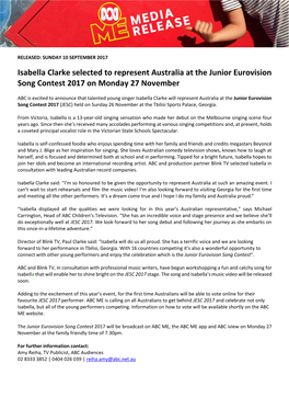 Isabella Clarke Selected to Represent Australia at the Junior Eurovision Song Contest 2017 on Monday 27 November