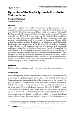 Dynamics of the Media System in Post-Soviet Turkmenistan Oguljamal Yazliyeva Charles University