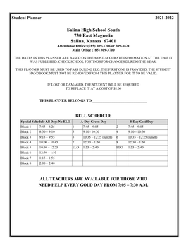 Salina High School South 730 East Magnolia Salina, Kansas 67401 Attendance Office: (785) 309-3706 Or 309-3821 Main Office (785) 309-3700