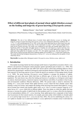 Effect of Different Host Plants of Normal Wheat Aphid (Sitobion Avenae) on the Feeding and Longevity of Green Lacewing (Chrysoperla Carnea)