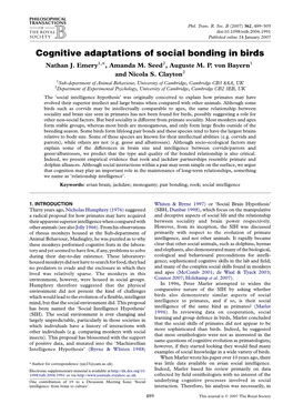 Cognitive Adaptations of Social Bonding in Birds Nathan J