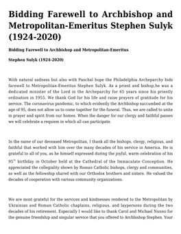 Bidding Farewell to Archbishop and Metropolitan-Emeritus Stephen Sulyk (1924-2020)