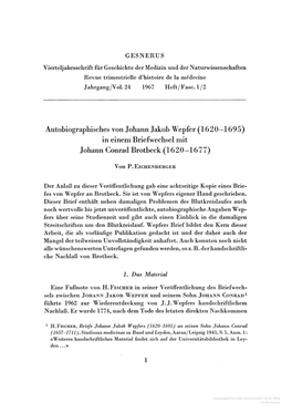 Autobiographisches Von Johann Jakob Wepfer (1620-1695) in Einem Briefwechsel Mit Johann Conrad Brotbeck (1620-1677)