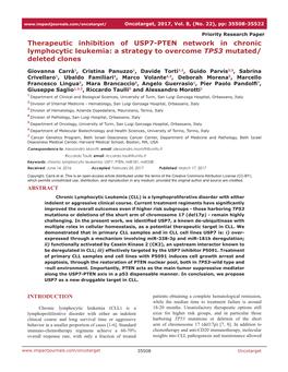 Therapeutic Inhibition of USP7-PTEN Network in Chronic Lymphocytic Leukemia: a Strategy to Overcome TP53 Mutated/ Deleted Clones