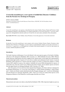 Zootaxa, Crenicichla Mandelburgeri, a New Species Of