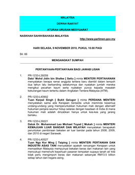 Malaysia Dewan Rakyat Aturan Urusan Mesyuarat Naskhah Sahih/Bahasa Malaysia Hari Selasa, 9 November