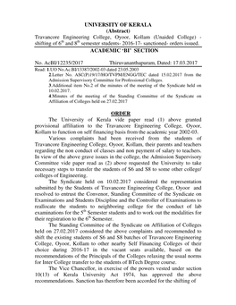 Travancore Engineering College, Oyoor, Kollam (Unaided College) - Shifting of 6 Th and 8 Th Semester Students- 2016-17- Sanctioned- Orders Issued