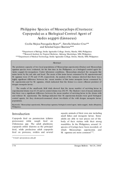 Philippine Species of Mesocyclops (Crustacea: Copepoda) As a Biological Control Agent of Aedes Aegypti (Linnaeus)
