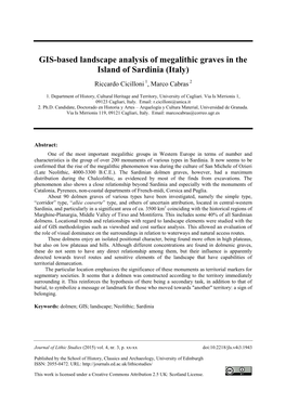 GIS-Based Landscape Analysis of Megalithic Graves in the Island of Sardinia (Italy) Riccardo Cicilloni 1, Marco Cabras 2