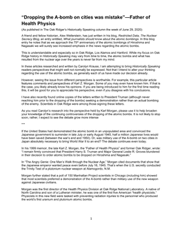 “Dropping the A-Bomb on Cities Was Mistake”—Father of Health Physics (As Published in the Oak Ridger’S Historically Speaking Column the Week of June 29, 2020)
