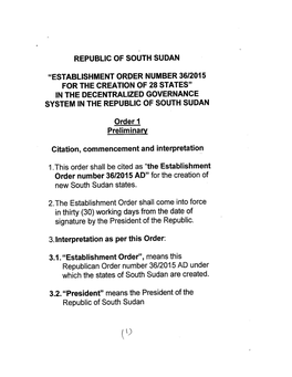 Republic of South Sudan "Establishment Order