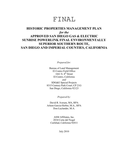 HISTORIC PROPERTIES MANAGEMENT PLAN for The