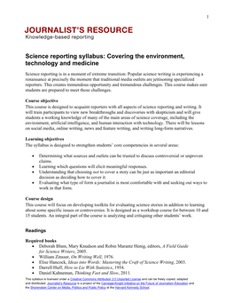 Science Reporting Syllabus: Covering the Environment, Technology and Medicine