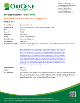 CCDC109B (MCUB) (NM 017918) Human Untagged Clone Product Data