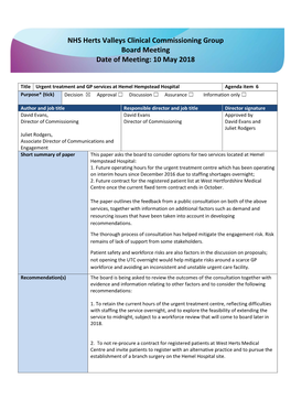 NHS Herts Valleys Clinical Commissioning Group Board Meeting Date of Meeting: 10 May 2018