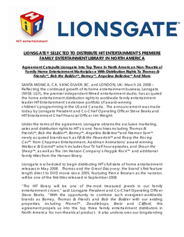 Lionsgate® Selected to Distribute Hit Entertainment’S Premiere Family Entertainment Library in North America