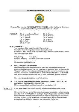 Minutes of the Meeting of UCKFIELD TOWN COUNCIL Held in the Council Chamber, Civic Centre on Monday 3Rd December 2018 at 7.00 Pm