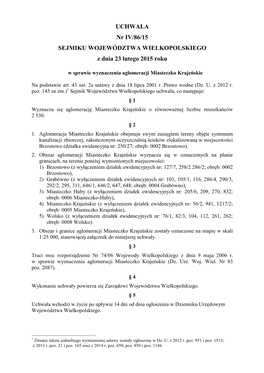 UCHWAŁA Nr IV/86/15 SEJMIKU WOJEWÓDZTWA WIELKOPOLSKIEGO Z Dnia 23 Lutego 2015 Roku