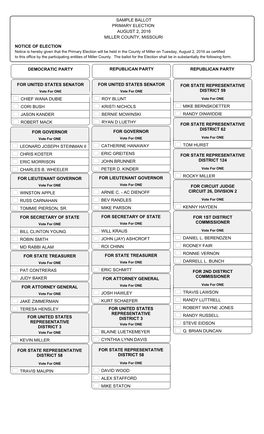 Primary Election August 2, 2016 Miller County, Missouri