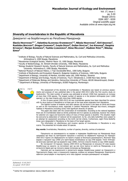 Macedonian Journal of Ecology and Environment Diversity of Invertebrates in the Republic of Macedonia