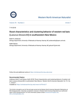 Roost Characteristics and Clustering Behavior of Western Red Bats (Lasiurus Blossevillii) in Southwestern New Mexico