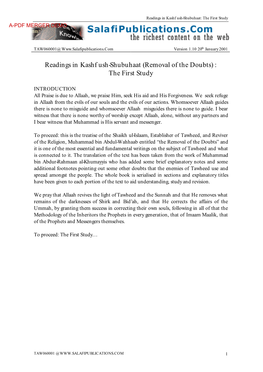 Readings in Kashf Ush-Shubuhaat (Removal of the Doubts) : the First Study