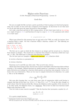 Higher-Order Functions 15-150: Principles of Functional Programming – Lecture 13