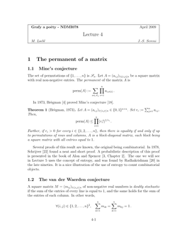 Lecture 4 1 the Permanent of a Matrix