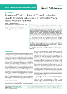 Behavioral Toxicity of Arsenic Trioxide: Alteration in Auto-Grooming Behaviour of a Freshwater Prawn, Macrobrachium Lamarrei