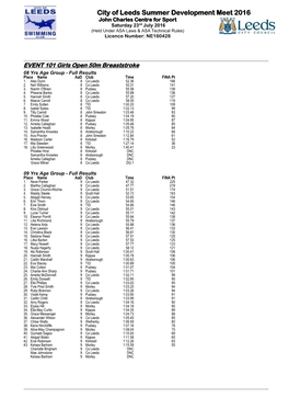 Results: City of Leeds Summer Development Meet 2016