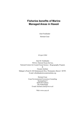 Fisheries Benefits of Marine Managed Areas in Hawaii