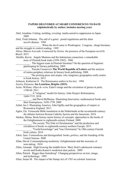 PAPERS DELIVERED at SHARP CONFERENCES to DATE (Alphabetically by Author; Includes Meeting Year)