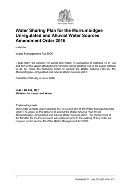 Water Sharing Plan for the Murrumbidgee Unregulated and Alluvial Water Sources Amendment Order 2016 Under The