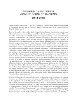 Memorial Resolution George Bernard Dantzig (1914–2005)