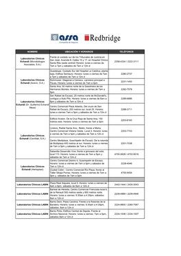 NOMBRE UBICACIÓN Y HORARIOS TELÉFONOS Laboratorios Clínicos Echandi