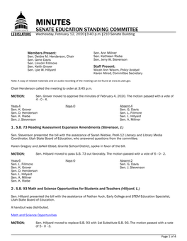 MINUTES SENATE EDUCATION STANDING COMMITTEE Wednesday, February 12, 2020|3:40 P.M.|210 Senate Building