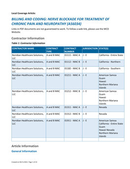 BILLING and CODING: NERVE BLOCKADE for TREATMENT of CHRONIC PAIN and NEUROPATHY (A56034) Links in PDF Documents Are Not Guaranteed to Work