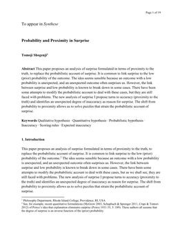 To Appear in Synthese Probability and Proximity in Surprise