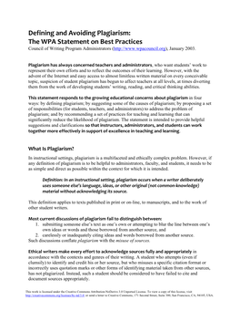 Defining and Avoiding Plagiarism: the WPA Statement on Best Practices Council of Writing Program Administrators ( January 2003