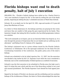 Florida Bishops Want End to Death Penalty, Halt of July 1 Execution
