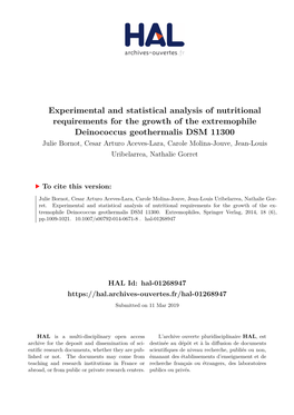 Experimental and Statistical Analysis of Nutritional Requirements for the Growth of the Extremophile Deinococcus Geothermalis DSM 11300