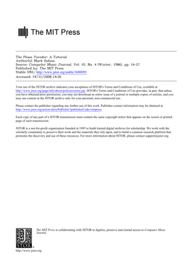 The Phase Vocoder: a Tutorial Author(S): Mark Dolson Source: Computer Music Journal, Vol