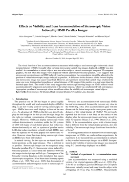 Effects on Visibility and Lens Accommodation of Stereoscopic Vision Induced by HMD Parallax Images