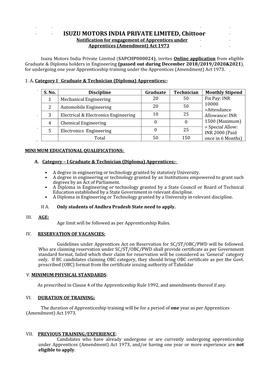 ISUZU MOTORS INDIA PRIVATE LIMITED, Chittoor Notification for Engagement of Apprentices Under Apprentices (Amendment) Act 1973