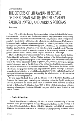 THE EXPERTS of LITHUANIAN in SERVICE of the RUSSIAN EMPIRE: DMITRIIKASHIRIN, ZAKHARIILYATSKII, and ANDRIUS POIDENAS Summary