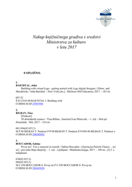 Nakup Knjižničnega Gradiva S Sredstvi Ministrstva Za Kulturo V Letu 2017