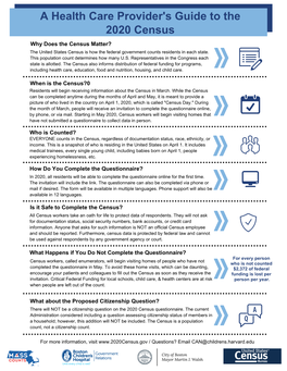 A Health Care Provider's Guide to the 2020 Census Why Does the Census Matter? the United States Census Is How the Federal Government Counts Residents in Each State